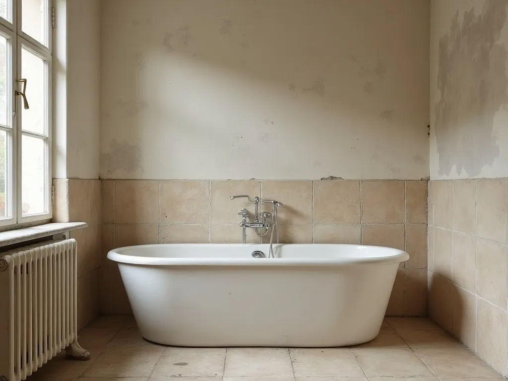 Salle de bain datée avant rénovation, carrelage usé et ancienne baignoire