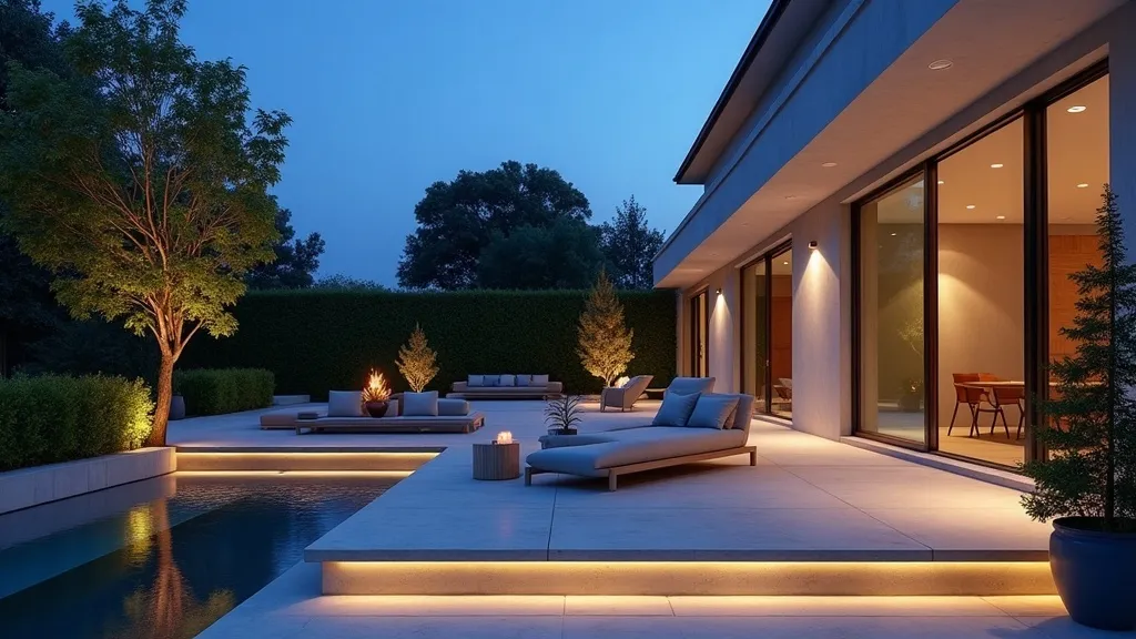 Terrasse et jardin éclairés à la tombée de la nuit