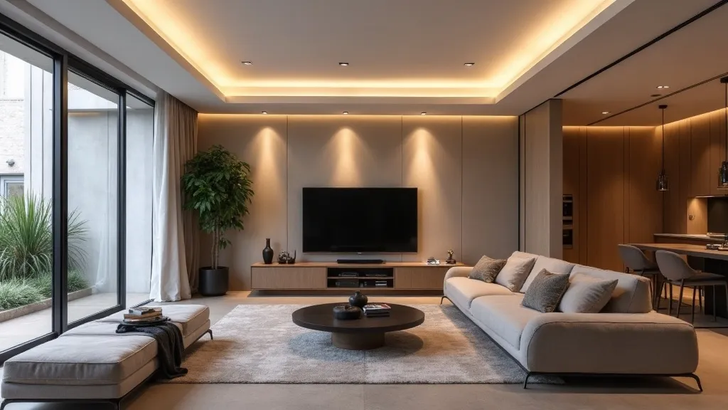 Salon avec faux plafond et spots LED encastrés diffusant une lumière douce