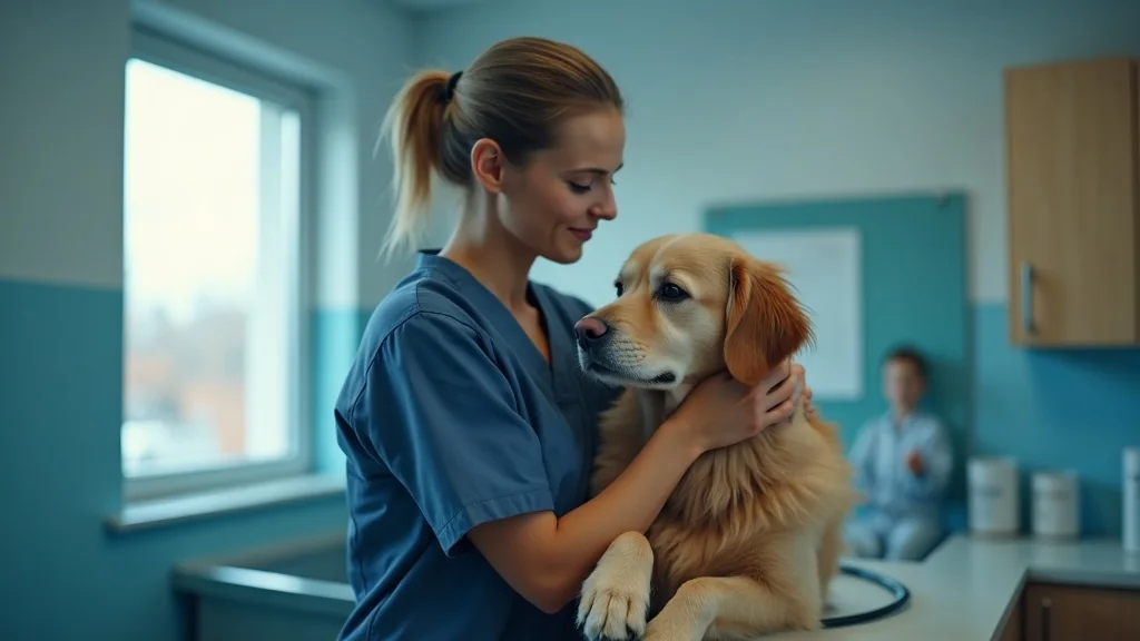Vétérinaire tenant doucement un chien calme dans la clinique