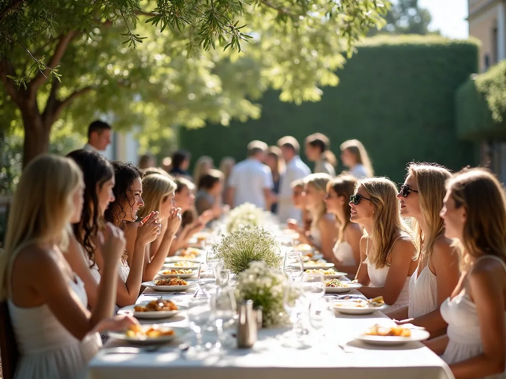 Vue d'ensemble d'une réception en plein air au coucher de soleil, tables dressées sous les arbres