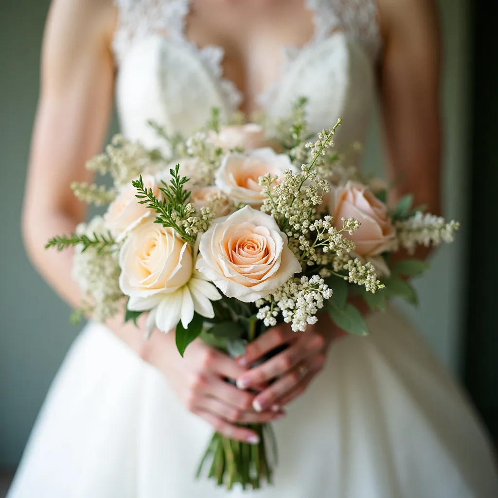 Bouquet de mariée en fleurs séchées et pivoines blanches