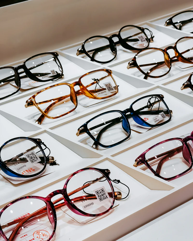 Gros plan sur une monture optique aux teintes brunes et noires.