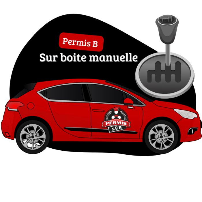Voiture rouge de l'auto-école Permis Sûr, leçon de conduite sur boîte manuelle